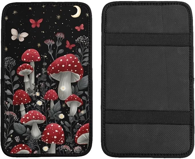 Car Center Console Armrest Cover Cute Mushroom Arm Rest Box Lid Cushion Pad Fantasy Butterfly Middle Console Arm Rest Covers Accessories