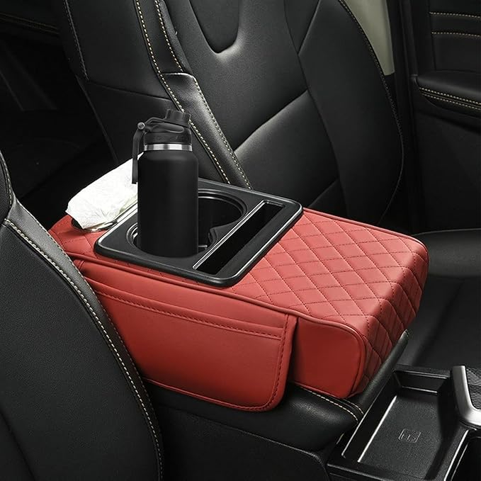 Car Center Console Cover for Hyundai Tucson 2021-2024, Leather Armrest Cushion Protector Pad with Tissue Box Holder Storage Pockets Cup Holder Phone Slot, C/Red