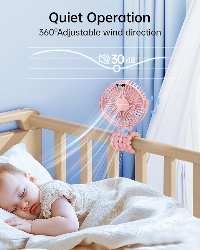 SWEETFULL Portable Stroller Fan with LED Display, 4 Speed Rechargeable Mini Clip On Fan, 360° Rotate Flexible Tripod Better Cooling Small Baby Fan for Car Seat Crib Travel Bike Treadmill (Pink)