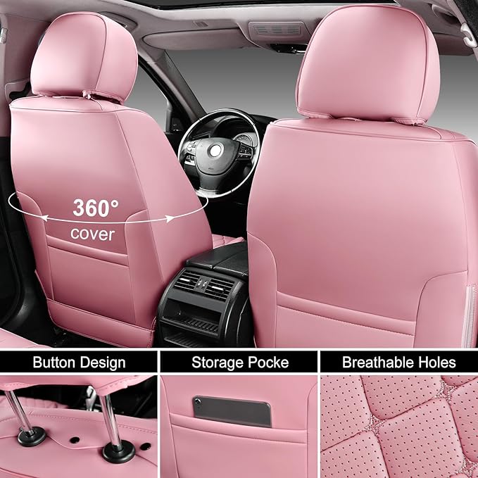 Auto Car Seat Covers Full Set Leather Cushion Protector Breathable Waterproof Seat Cover for Cars Universal Fit (Pink, Full Set Without Headrest)