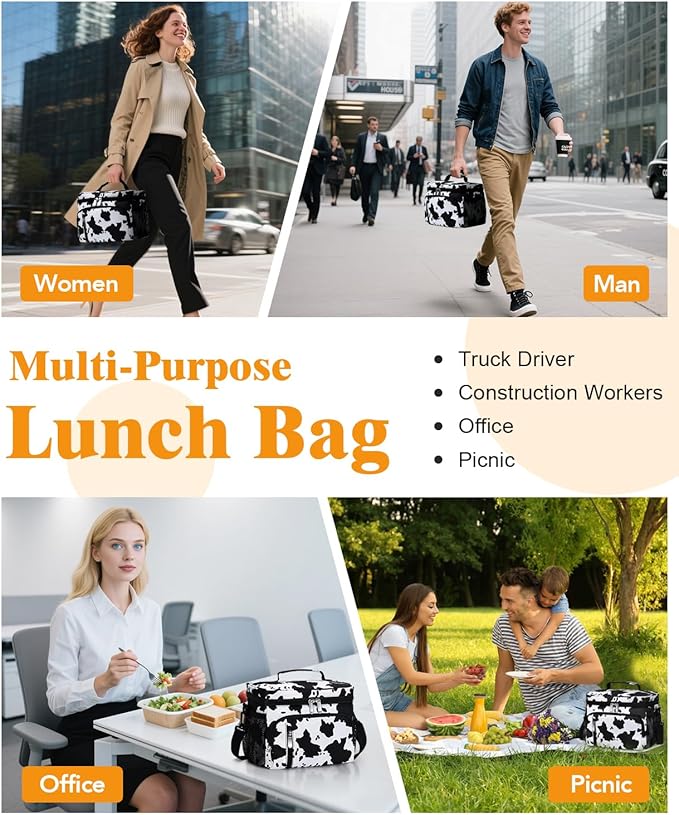 Insulated Lunch Bag for Men & Women, 9L Leakproof Lunch Box Soft Cooler Tote with 5 Pockets, 600D Oxford, EVA Lining, Adjustable Strap for Work, Picnic, Beach&Travel-Cow Print