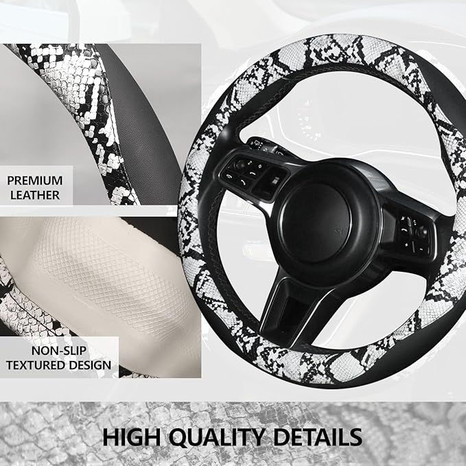 ZHOL Snake Skin Steering Wheel Cover, Breathable Microfiber Leather Universal 14.5-15 inch, Anti-Slip Car Steering Wheel Protector for Women Men, Black&White