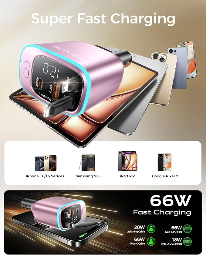 iPhone Car Charger, Retractable Fast USB C Phone Charger, 4 in 1 Cigarette Lighter Adapter with 2 Cables 25 Inch and 2 USB Ports, Multi Port USB Car Charging for iPhone 17/16/15/14/13/Pro Max-Pink