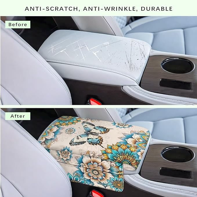 Dreaweet Thick Center Console Cover Boho Butterfly Car Arm Rest Cover for Women Car Armrest Storage Box Mat Soft Comfy Arm Rest Cushion Pads for SUV Truck Sedan Vehicle