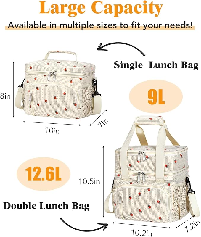 Insulated Lunch Bag for Men & Women, Double Leakproof Lunch Box Soft Cooler Tote with 5 Pockets, 600D Oxford, EVA Lining, Adjustable Strap for Work, Picnic- Corduroy Cue Strawberry