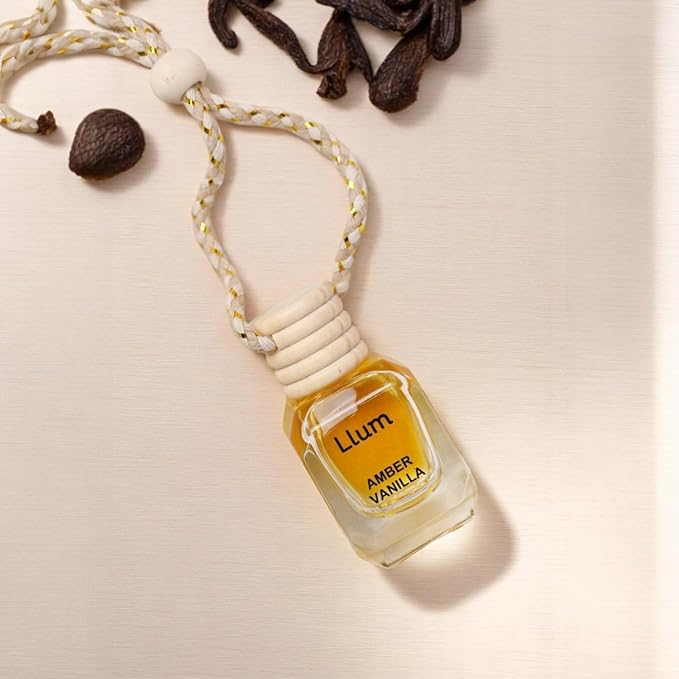 Llum Amber Vanilla Hanging Car Air Freshener – Luxury Automotive Perfume Diffuser 10ml (0.34 fl oz), Long-Lasting Fragrance, Alcohol-Free Non-Toxic Car Scent, Glass Bottle With Wood Cap