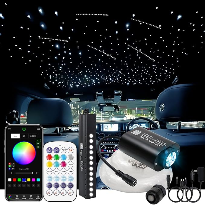 AKEPO Mini Size 6W RGBW Twinkle+White Meteor+Music Sync Fiber Optic Lights, 550pcs 0.03in 13.1ft/4m+Shooting Star Fiber Strands APP Star Ceiling Light Kit for Home and Car Headliner Starlight