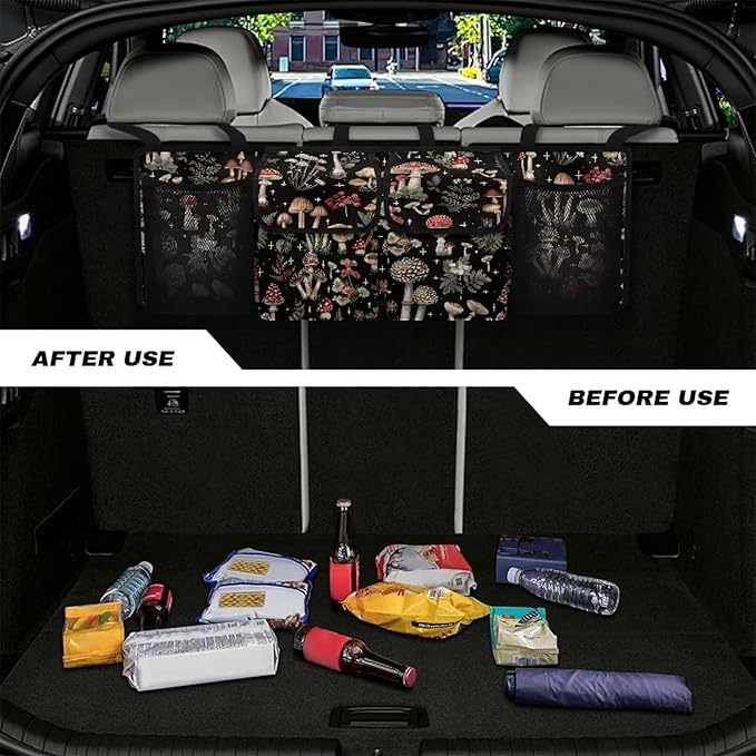 Mushroom Print Car Trunk Organizer, Backseat Hanging Large Storage with Adjustable Straps & 4 Pockets, Waterproof Foldable Cargo Bag, Car Interior Accessories