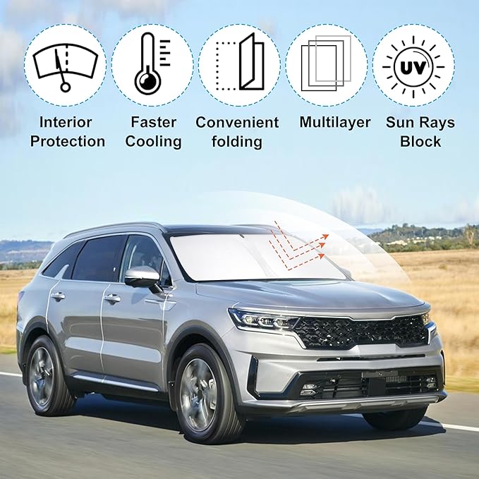 Windshield Sun Shade Custom Fit for 2021 2022 2023 2024 2025 2026 Kia Sorento SUV Accessories Foldable Sunshade Sun Blocker Protect Car from Sun Rays & Heat Damage Keep Car Cooler