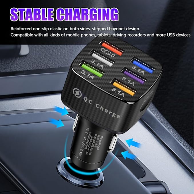 Augeny Car Charger Adapter, 6 USB Multi Port Fast Charger, Include QC 3.0 and 5 Other Ports, Auto Quick Charging Adapter for Most Cell Phones, Interior Car Accessories for SUV Truck (Black)