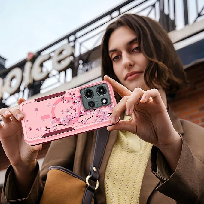for Moto G 2025 Case Women - Compatible with MagSafe Cute Girls Magnetic Protective Phone Cover Girly Kawaii Flower Blossom Heavy Duty Shockproof Design for Motorola Moto G 5G 2025 Cases