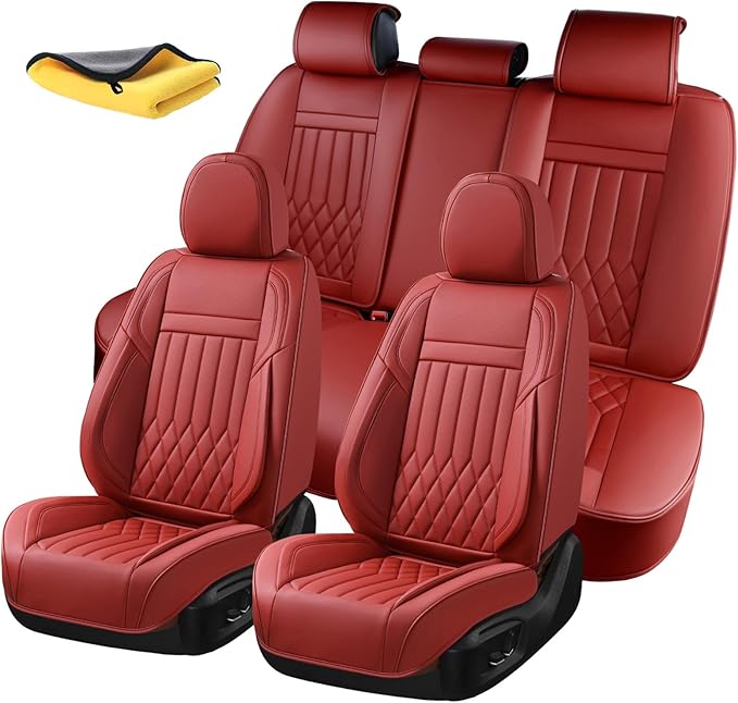 KEYOOG 5-Seater Waterproof and Breathable Nappa Leather Car Seat Covers Full Set, Fit for Front and Rear Seats of Cars, Compatible with Airbags, Car Seat Protector Covers for Most Cars - Wine red
