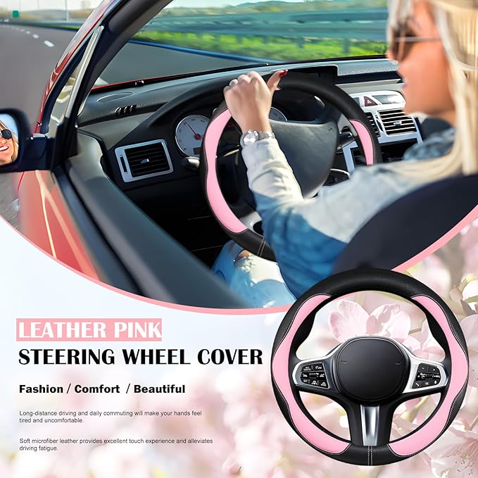SuperKaKa Car Steering Wheel Cover 2025, Universal Auto PU Cute Breathable Slip-Proof Comfort Imitation Leather Protector Cars Interior Accessories for Women Men Fit Most Vehicle (Pink)