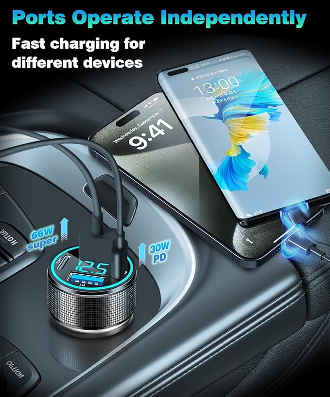 2 Packs of 66W USB C Car Charger 4 Port Car Charger Adapter with 30W PD, 3.1A Aluminium Alloy Car Cigarette Lighter USB Charger with LED Voltmeter Compatible with Phone 15 14 13