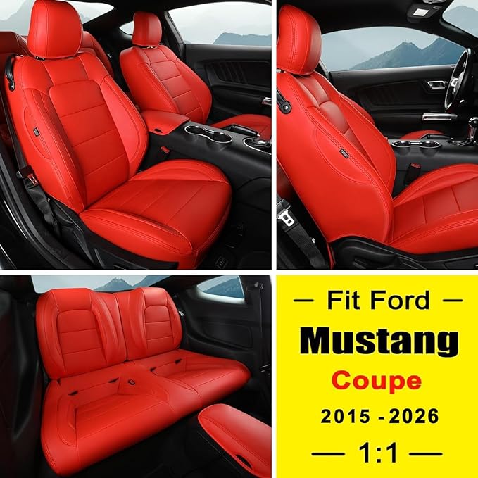 GIANT PANDA Customized Full Set Car Seat Covers Fit Ford Mustang Coupe Hardtop 2015 2016 2017 2018 2019 2020 2021 2022 2023 2024 2025 2026- (Red)
