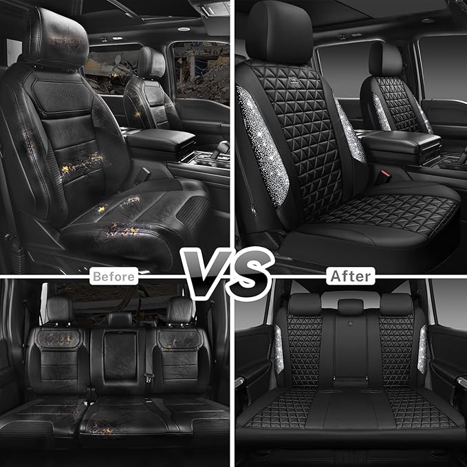 CAR PASS Bling Diamond Leather Car Seat Covers Full Seats Interior Sets, Waterproof Shining Glitter Sparkly Crystal Universal Armrest Fit Automotive Truck SUV Cute Women Girl, Black Silver Rhinestone