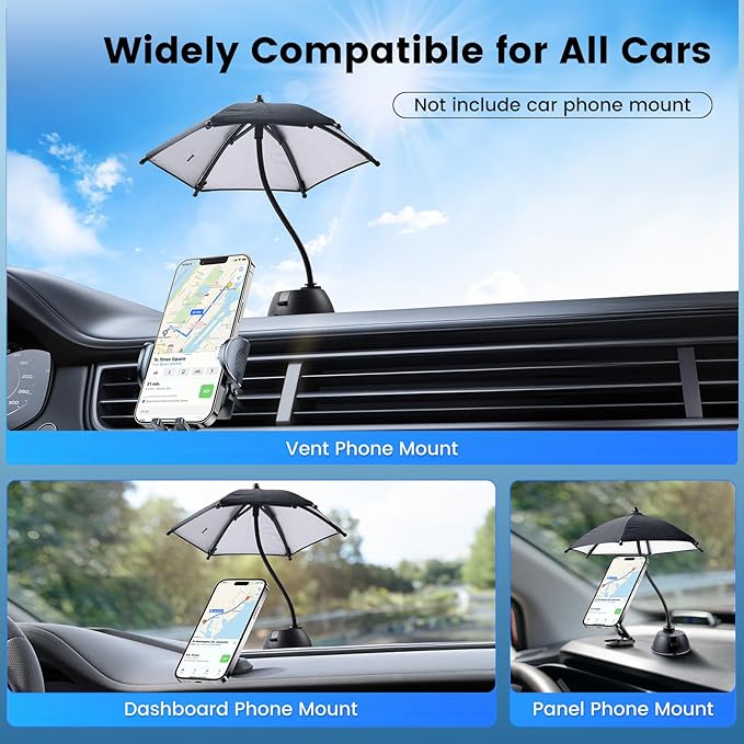 OUTXE Car Phone Umbrella for Sun, Suction Cup Phone Umbrella for iPhone/Android, 360°Adjustable Cellphone Sun Shade for Car Dashboard, Vent