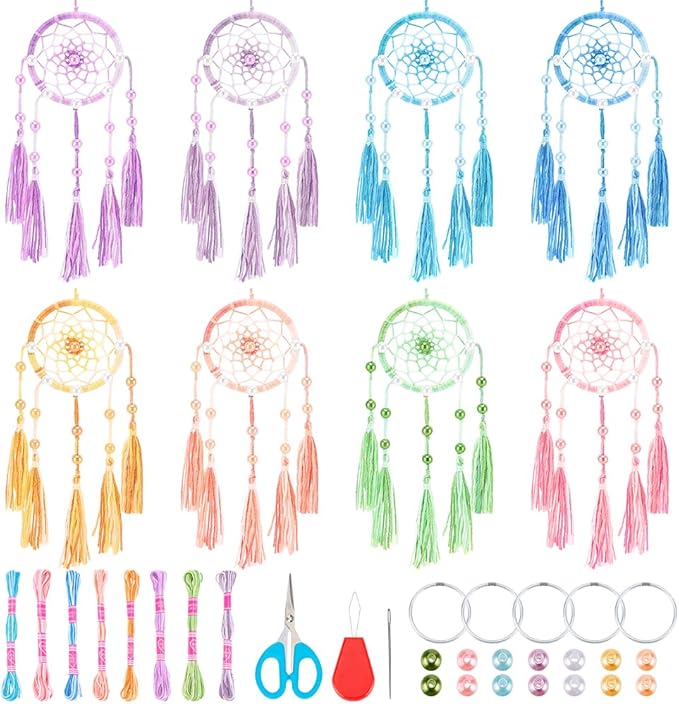 INFUNLY 8 Sets Small Dream Catcher Kit DIY Mini Dreamcatcher Making Kit with Instruction Dream Catcher Hanging Ornament Gradient Color for Bag Pendant Car Mirror Bedroom