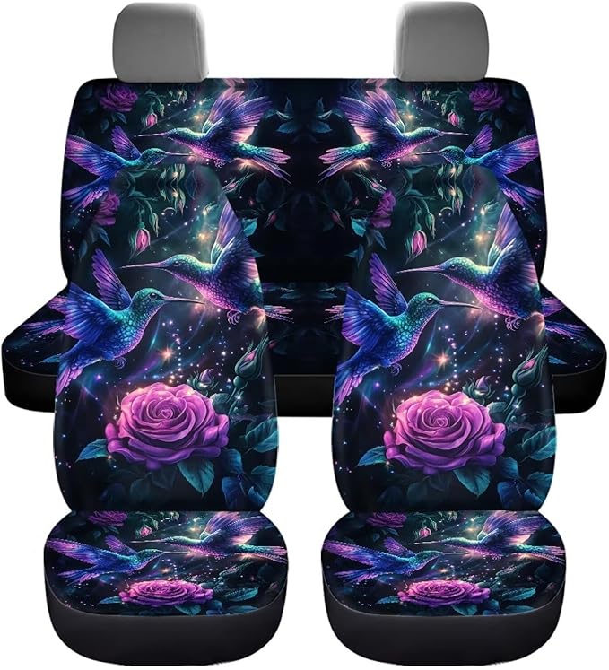 KEIAHUAN Purple Rose Hummingbird Car Seat Covers Full Set Car Front/Rear Seat Cover Universal Size Fit for Truck SUV Sedan Van for Women