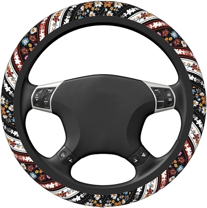 Boho Floral Steering Wheel Cover Women Men Flower Elastic Stretch Soft Car Wheel Protector Universal Breathable No-Slip Car Accessories for Truck Van SUV Auto Fit 14-15 Inches