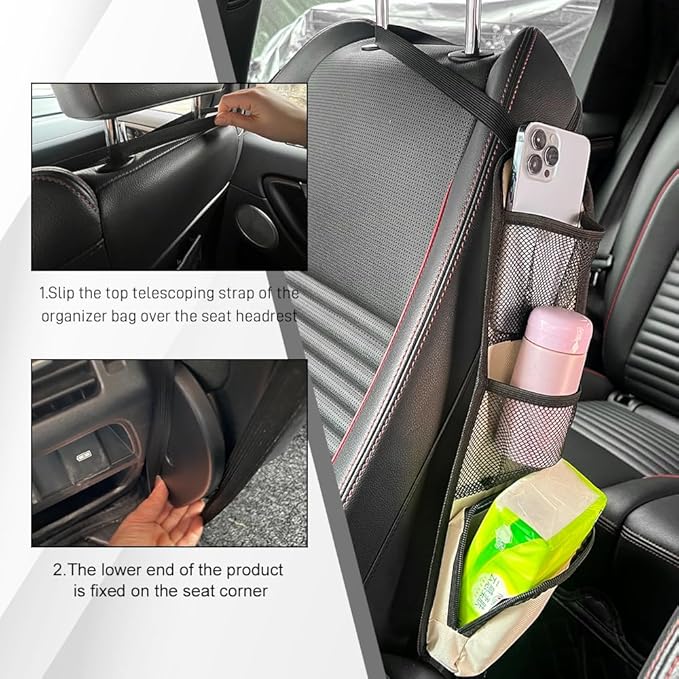 2PCS Car Seat Side Organizer, Seat Side Storage Pocket, Multifunctional Mesh Net Pocket, Car Multi-Pockets Backseat Organizer Side Hanging Bag for Storage Coins, Cell Phones (Beige, 2PCS)