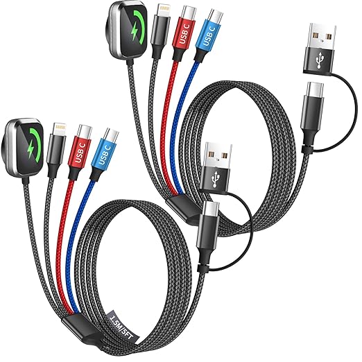 Travel Essentials Dual Type-C Port 4 in 2 Multi Charging Cable for iWatch Charger/iPhone17/IP, Cruise Essentials 2026, USBA/USBC Cable for iWatch Ultra/SE/11-2, iPhone17-8, GalaxyS26, Car- 2Pcs 5FT