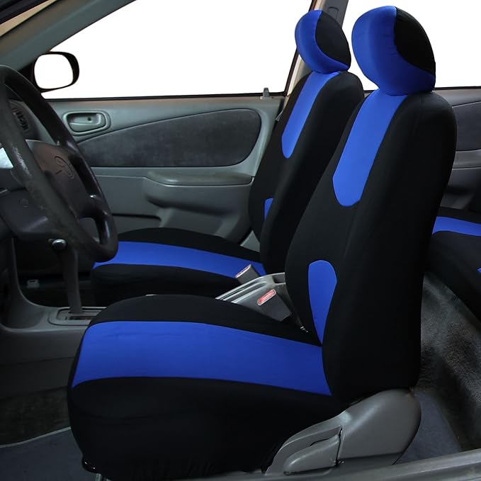 FH Group Car Seat Covers Flat Cloth Automotive Blue Full Set, Rear Solid Bench Universal Fit Combo Steering Wheel Cover & Seat Belt Pads Car Seat Protector for Cars Trucks SUV Interior Accessories
