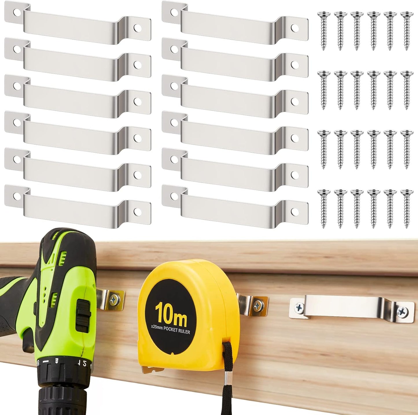 12 Pcs Tape Measure Clip Tape Measure Holder Bench Belt Universal Tool with Screws Stainless Steel Tool Hanger Storage Dock for Mount Drill Power Measures and Belt Clips (Silver)