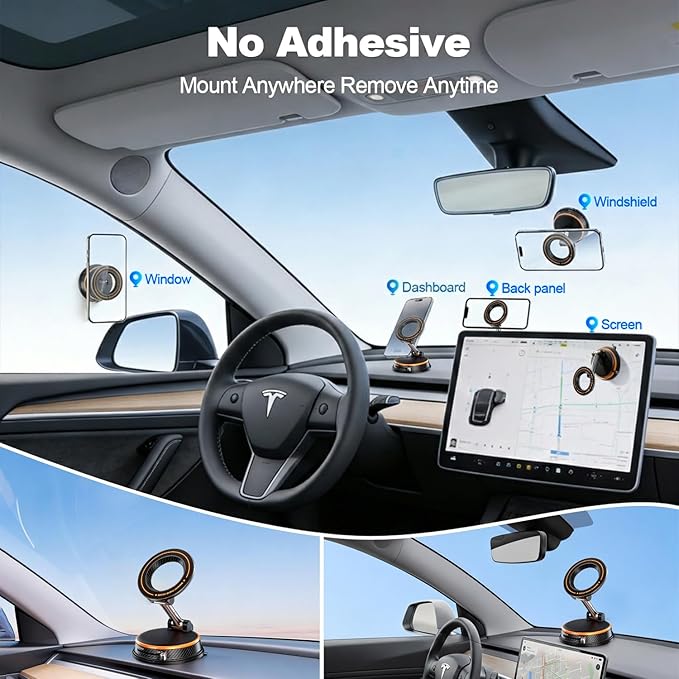 Magnetic Car Phone Holder, 3000gf MagSafe Suction, 360° Adjustable Zinc Alloy Mount for Dashboard/Windshield, Compatible with iPhone 17/16/15 Series (Orange)