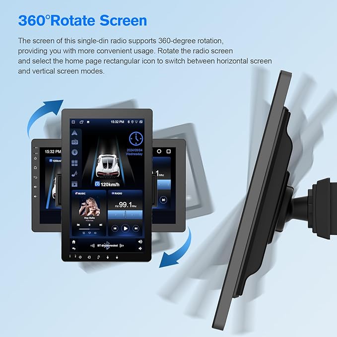 10.1" Rotatable Touch Screen Car Stereo Single Din - Android 13, Wireless CarPlay/Android Auto, 4-Core CPU, 2GB+32GB, GPS Navigation, Hi-Fi Sound, Bluetooth 4.2, AHD Backup Camera (Vertical Fit)