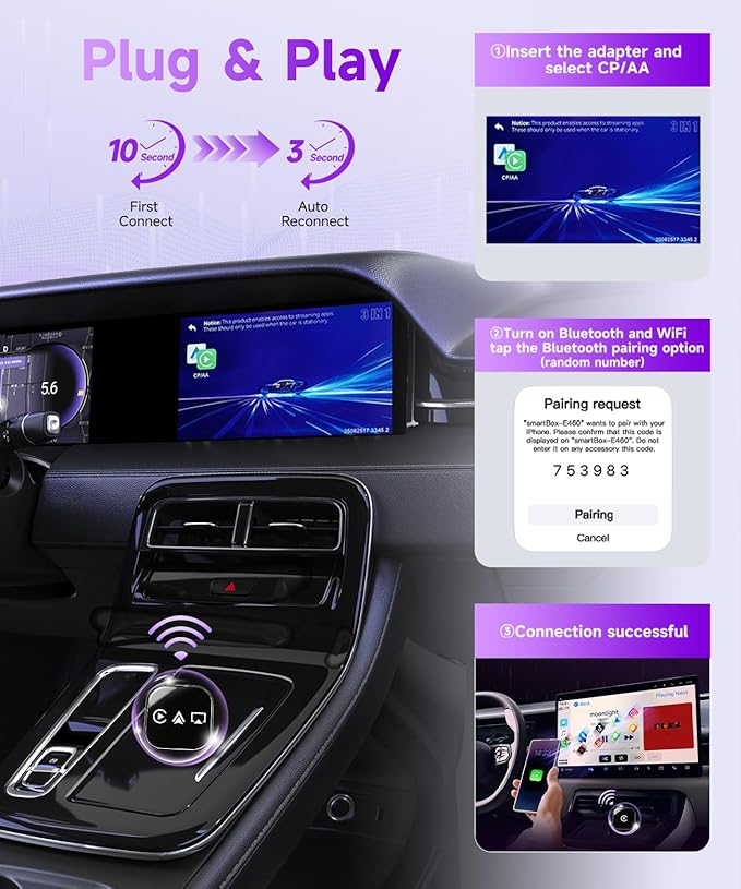 2 in 1 Mini Wireless CarPlay Adapter for iPhone, Apple Carplay Android Auto Adapter, Bluetooth 5.0 Carplay Dongle, Plug & Play, 5G-WiFi (Black)