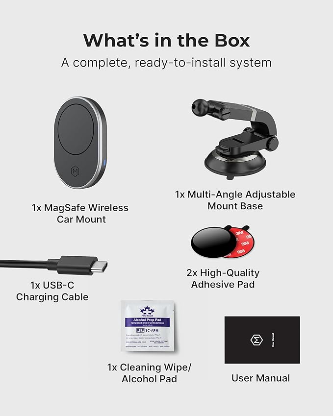 Wireless Car Charger Multi-Angle Adjustable Dashboard/Windshield Mount Smartphones, Magnetic Car Phone Holder, Fast Charging, Universal Dashboard Fit, Gifts for Mom