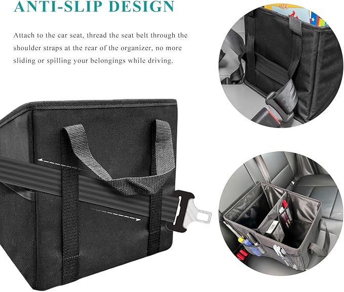 Car Seat Organizer, Collapsible Passenger Seat Organizer with Detachable Divider & Handle, Multiple-Pocket Car Storage Organization for Console Floor Front or Back Seats (Beige)