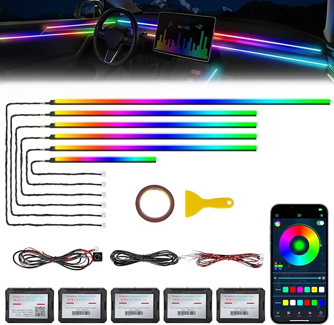 Acrylic Interior Car LED Strip Light with Wireless APP, RGB Dreamcolor 6 in 1 with 175 inches 600 LEDs Fiber Optic Strip Lights for Car, Dynamic Chasing Sound Active Neon Car Ambient Lighting Kits