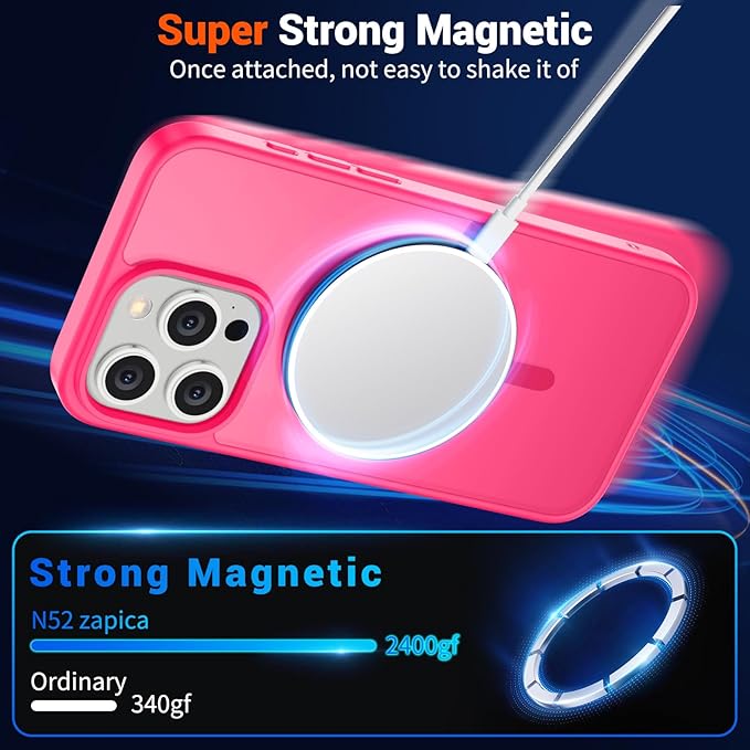 SUPFINE Magnetic for iPhone 15 Pro Max Case (Compatible with MagSafe) (Military Grade Drop Protection) Slim Translucent Matte Shockproof with Anti-Fingerprint Phone Case,Hot Pink