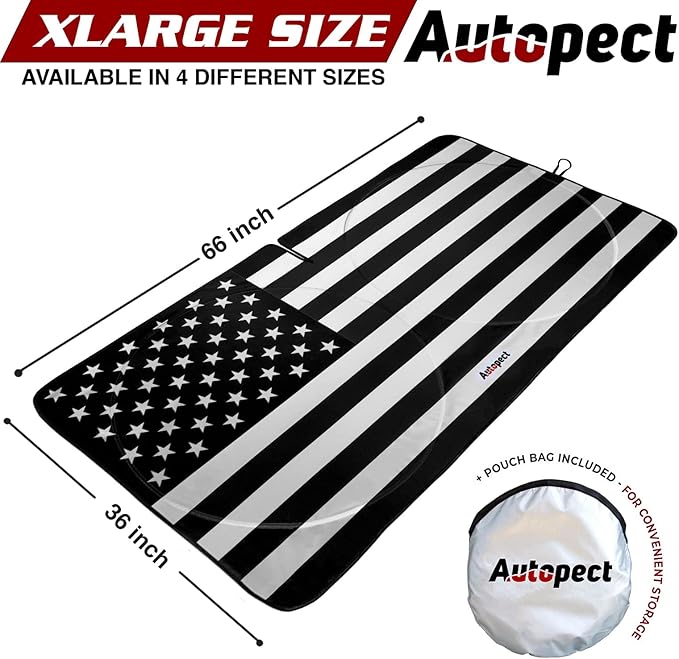 Windshield Sun Shade - American Flag Design, High-Resolution Sun Visor for Car, Truck, SUV with Mirror Cut-Out for Interior Sun Protection, Foldable Car Sun Shade (Black and White, X-Large)