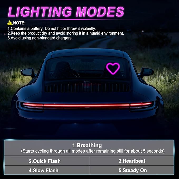iFunyLED Car LED Interior Lights, Heart-Shaped Ambient Light for Windows, 5 Lighting Modes, Charging Through Type-c and Solar Energy, Car Decorations for Women Men, Pack of 1, (Pink)