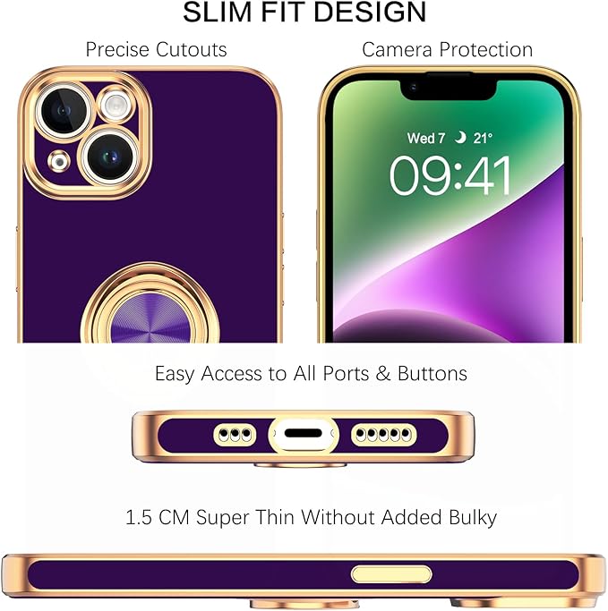 VENINGO Compatible with Apple 14 Case,Phone Case for 14,Slim Fit Soft 360° Ring Holder Kickstand Magnetic Car Mount Supported Easy Clean Shockproof Protective Cover for Apple 14 6.1", Deep Purple