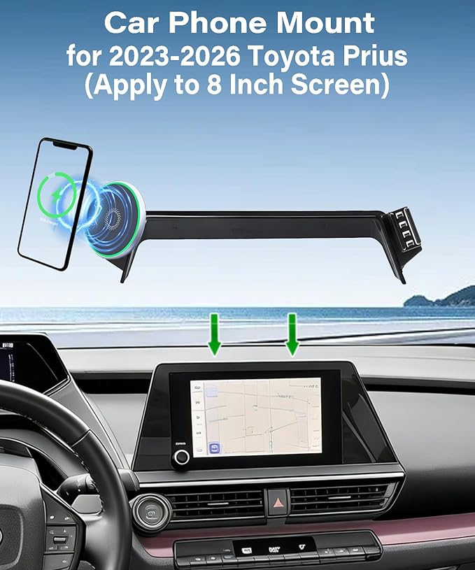 Car Phone Holder for Toyota Prius 2023 2024 2025 2026 Accessories 15W MagSafe Fast Wireless Charger Cell Phone Mount Apply to 8 Inch Touch Screen Fixed Clip 360° Rotation
