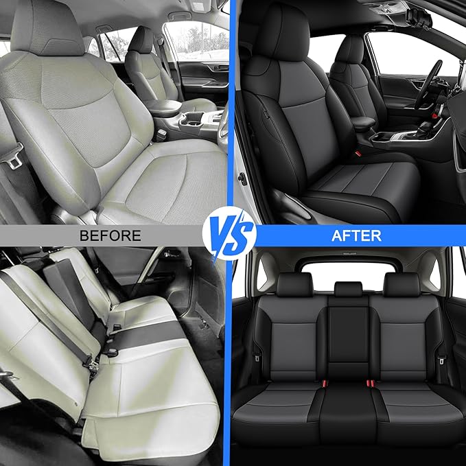 AOMSAZTO Custom Fit Seat Covers for Toyota RAV4 Hybrid 2019 2020 2021 2022 2023 2024 2025 (Not for XSE&2022-2025 SE Hybrid)-Full Set Faux Leather (New Black&Grey)