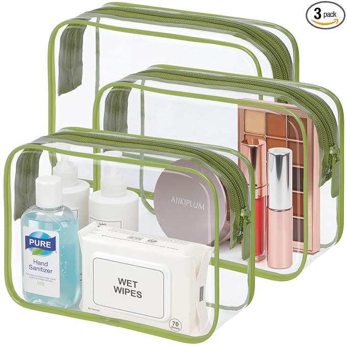 PACKISM TSA Approved Toiletry Bag - Clear Makeup Bag 3 Pack Medium, Quart Size Bag for 3-1-1 Liquids with Metal Smooth Zipper, Travel Makeup Bag for Women, Airport Airline Compliant Bag, Sage Green