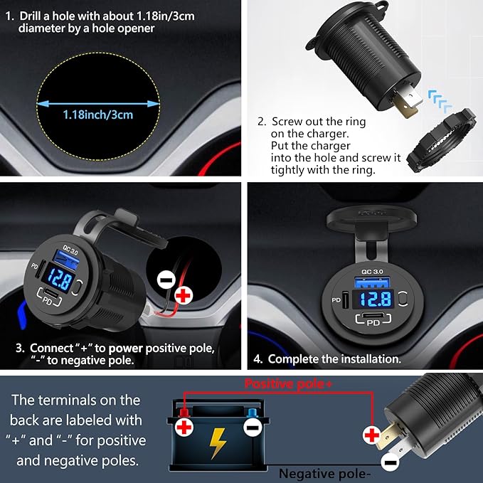 12V USB Outlet Qidoe USB C Car Charger Socket Dual PD 30W and 18W QC3.0 Port USB Car Socket with Voltmeter Button Switch Lengthened Waterproof USB Power Outlet for Car Boat Marine RV Vehicle