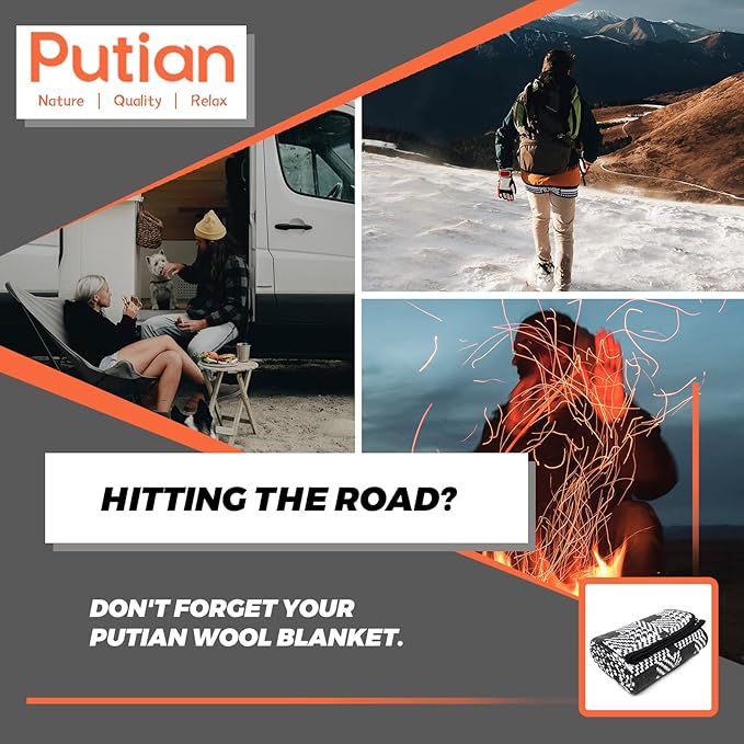 PuTian Merino Wool Blanket - 87" x 63" Thick Warm Soft Large Bed Throw - Great for Camping, Outdoors, Travel, Car, Couch, All Seasons Houndstooth Black