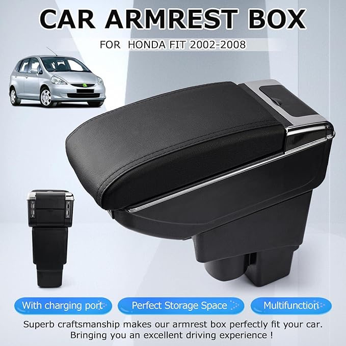 T TGBROS Car Armrest Box for 2002-2008 Honda Fit Jazz Hatchback(Not Fit The Sedan Model) Storage Center Console Double Layer 7 USB Ports Armrest Organizer Box (All Black)
