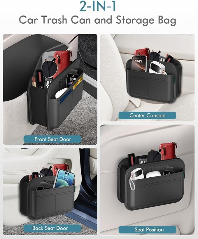 FLORICH Upgrade Car Door Organizer, Small Leather Foldable Hanging Organizer and Trash Can 2-in-1, Multi-Function Mini Storage Box Garbage Can for Car Back Seats and Side Door-2Pack