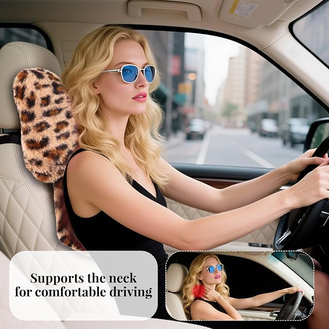 2 Pack Bow Car Headrest Pillow Comfortable Soft Plush Head Rest Cushion, Neck Pillow for Driving Office Use and Car Interior Decoration (Leopard)