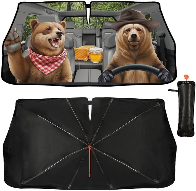 Funny Bear Driving Car Windshield Sun Shade Umbrella Fun Bear Sunshades for Car Windshield Upgraded Sun Visor Protector for Sedan SUV Most Vehicles Printed Front Window Shades