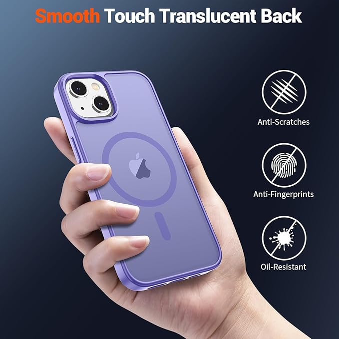 SUPFINE Magnetic for iPhone 15 Case (Compatible with MagSafe) (Military Grade Drop Protection) Slim Translucent Matte Shockproof with Anti-Fingerprint Phone Case, Purple