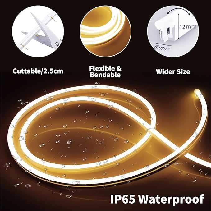 iNextStation Warm White LED Rope Lights 16.4FT/5M DC12V LED Strip Lights, IP65 Waterproof Silicone Neon Light Strip, Flexible Led Light Strip 0.98in Cut for DIY, Rope Led Lights for Bedroom(No Plug)