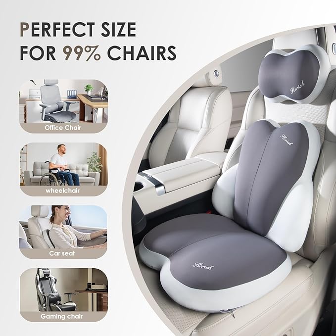 FLORICH 3 PCS Seat Cushion for Carseat Lumbar Support Pillow Car Neck Headrest Pillows Ultrathick Memory Foam Seat Pads Pressure Relief Back Cushion for Office Chair(Beige Grey)